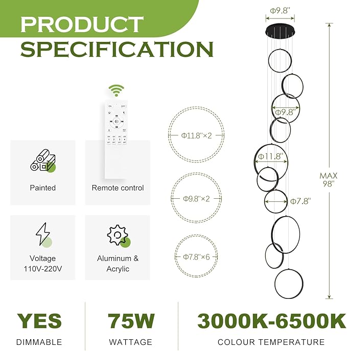 High Ceiling Chandelier 10 Ring Black Foyer Chandeliers Entryway Long Modern LED High Ceiling Light Staircase with Remote Control for Living Dining Room (98.5in 3000K-6500K)