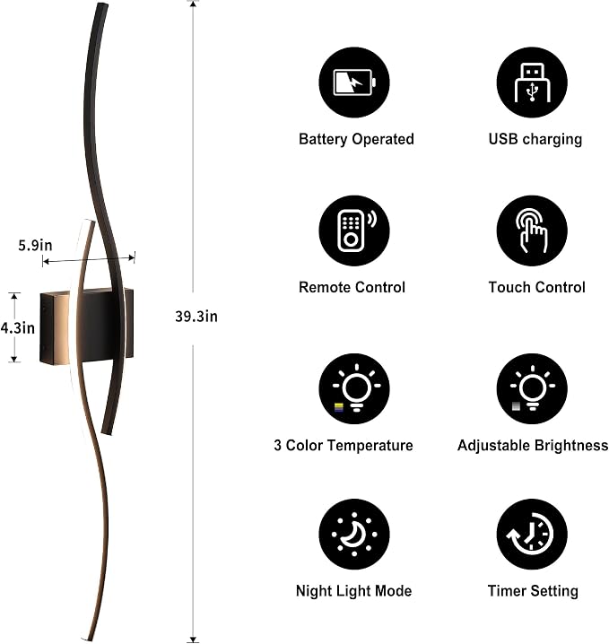 KARTOOSH Wireless Wall Sconces, Dimmable LED Sconce with Remote | Battery Operated Wall Sconce with 3 CCT Night-Light Timer Memory Modern Wall Sconces for Living Room, Hallway, Bedroom
