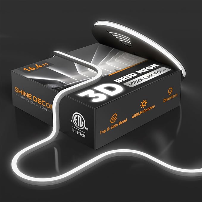 3D LED Neon Rope Light AC 120V 10x10mm, 6000K Cool White,16.4ft | Top & Side Bend, 400LM, Dotless, Driverless, IP65 Waterproof, Cold-Resistant, ETL Listed, Silicone Strip, for Home Commercial