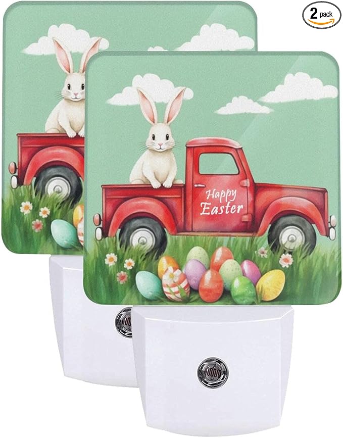 Rabbit in The Truck Easter Bunny LED Plug-in Night Lamp 2 Piece Set, Summer Sunset Nightlights Set of 2 for Bedroom Kitchen