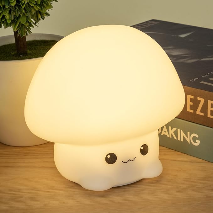 LED Squishy Animal Night Light - 2 Level Dimmable Nursery Lamp, Rechargeable Touch Lamp, Cute Dorm Decor, Small Boys Girls Gift (Cartoon Mushroom)