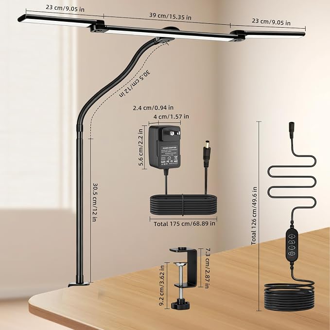 LED Desk Lamp with Clamp for Home Office, Wide Light for Dual Monitors | Wide triple-head lighting with 5 CCT, 10 brightness levels, flexible gooseneck, timer & memory for work or study