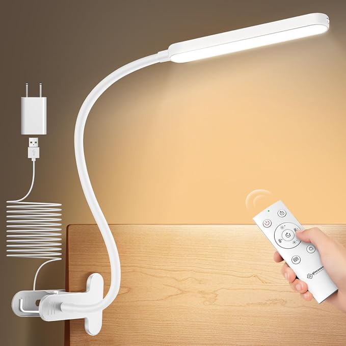 Glocusent 38 LED Clip On Light, 5W Eye Caring Book Lights for Reading | 5 Color & 5 Brightness with a Remote, 30-Min Auto Off Timer, Multi-Purpose Clip Lamp for Bed Reading/Studying/Working