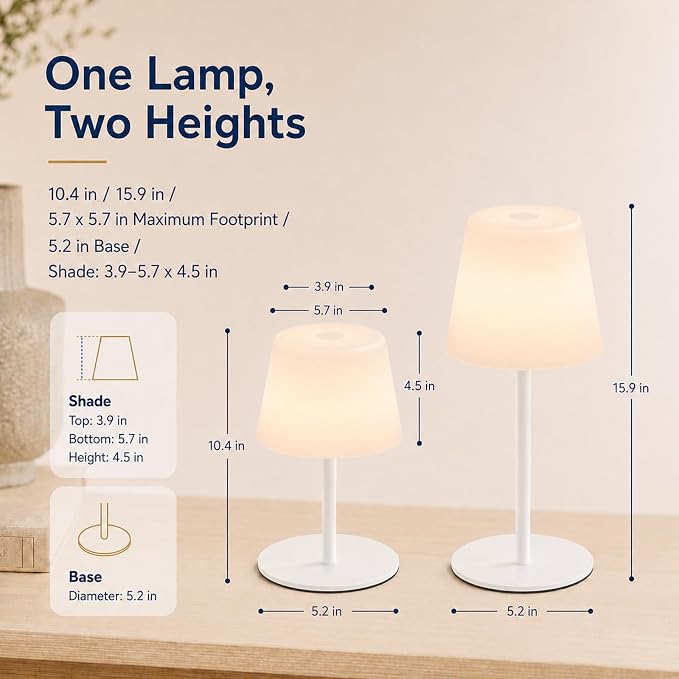 IP65 Waterproof Shower Lamp, Cordless Rechargeable Table Lamp, White | Bathroom To Bedside Glow, Touch-Dim Comfort, 4000mAh USB-C Ease, 12-24H Light, 3 Light Moods, 2-Height Fit