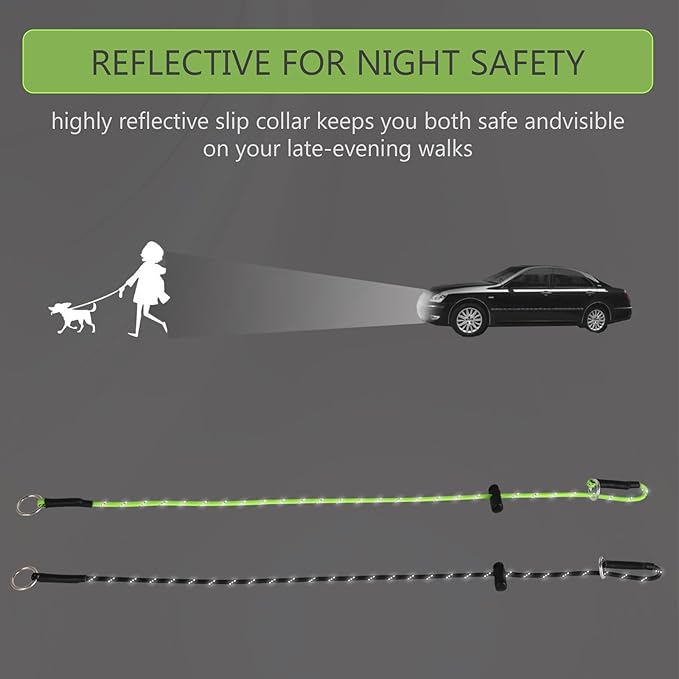 22" Dog Slip Collar – 5/32" Paracord Rope Dog Collar with Spring-Loaded Stopper & Stainless Steel O-Ring, Reflective for Low-Light Visibility (Black & Neon Green)