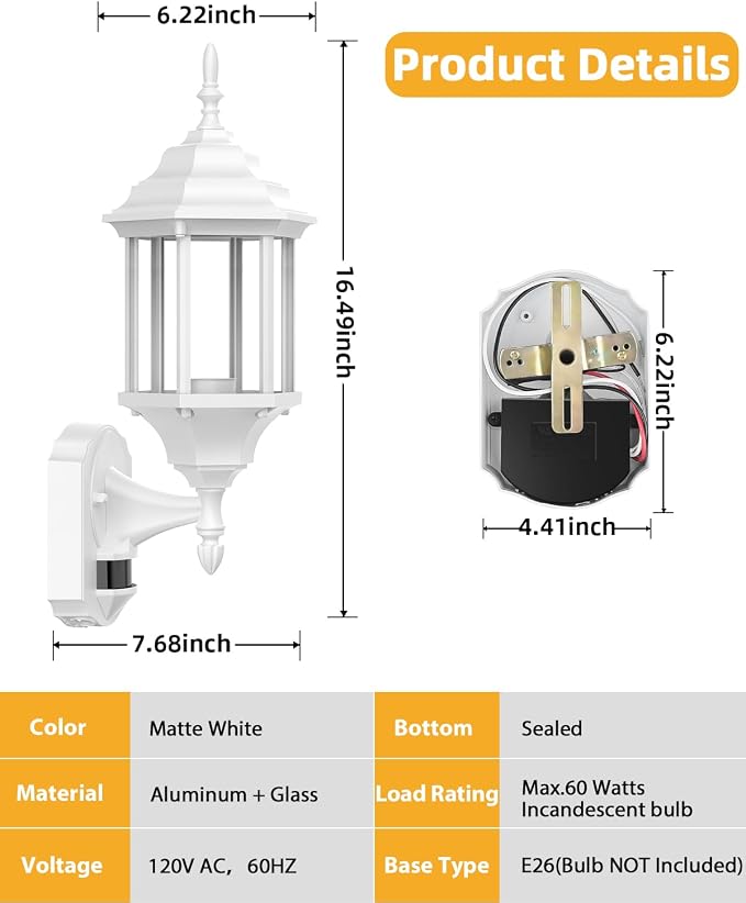 Redluck Motion Sensor Outdoor Lights, 2 Pack 16 inch Dusk to Dawn Outside Porch Lights, Waterproof Anti-Rust Aluminum Outdoor Wall Lights Exterior Lighting Fixtures for House, Garage, Front Door