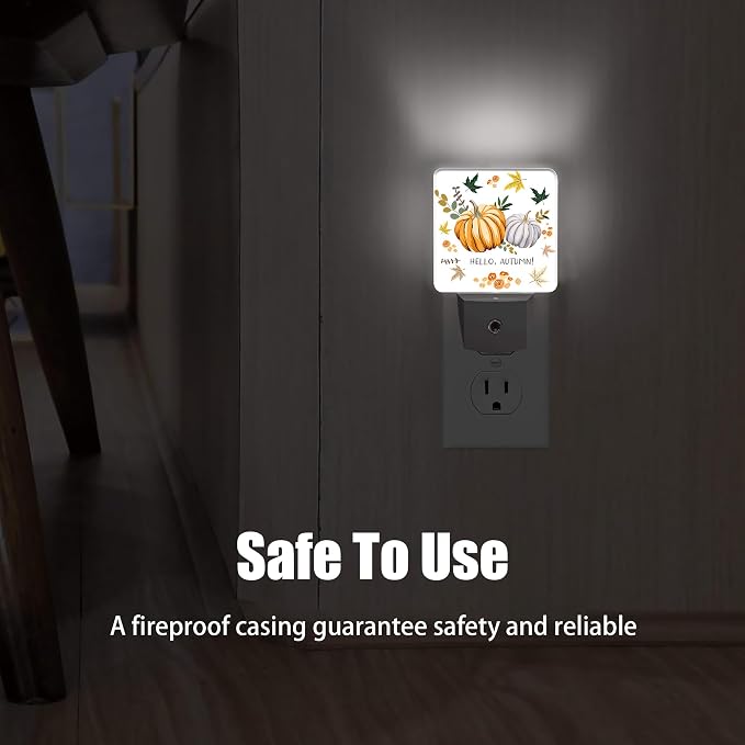 Hello Autumn Night Light, Orange Pumpkins Night Lights Plug into Wall Decor for Bedroom, Bathroom, Hallway, Kitchen, Dusk to Dawn Sensor Nightlights for Boys Girls Women Men Room Gifts