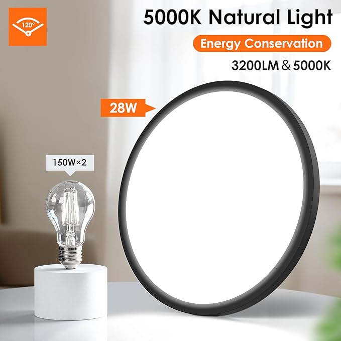 Brightever Black LED Flush Mount Ceiling Light Fixture, 5000K Daylight White, 12 Inch 3200LM Round LED Ceiling Lights, 28W Ultra Slim 0.67 Inch Dimmable Ceiling Lamp for Office, 8 Packs