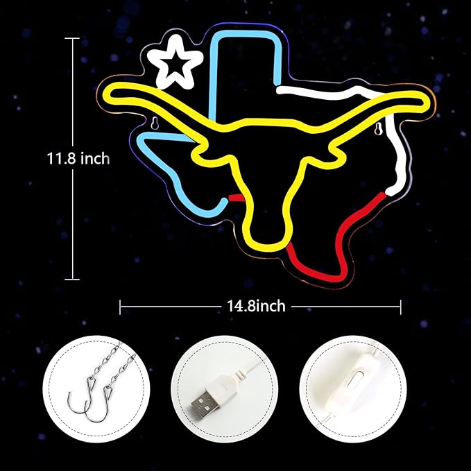 TEXAS Neon Long-horn Sign for Wall Decor -Adjustable Brightness LED Bull Neon Light Signs, Cow Neon Signs - USB Powered Hanging Neon Sign for Game Room, Man Cave, Bar 15.12 IN