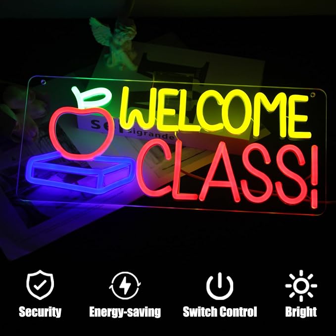 Welcome Class Neon Sign Apple Book LED Sign Back to School Classroom Decor | Dimmable Light Up Signs, Student Classroom Neon Light, Colorful Wall Sign, Acrylic Night Light, School Opens Party Decoration