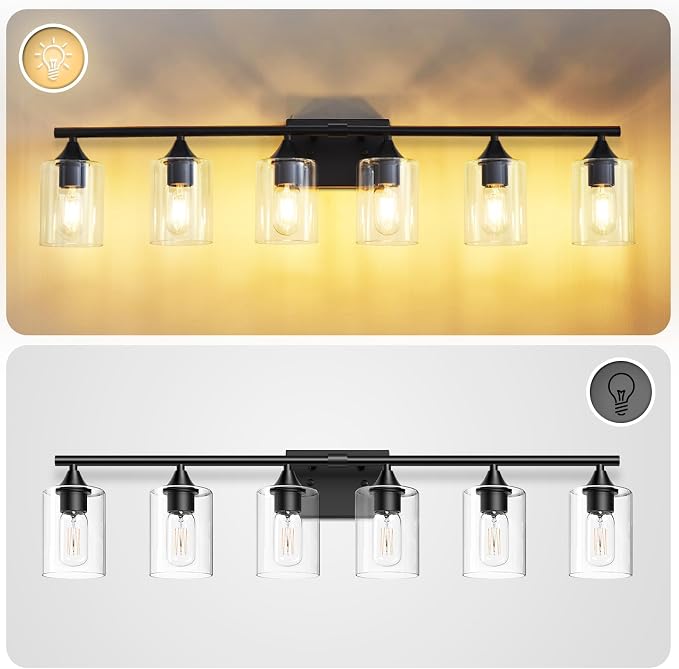 6-Light Matte Black Bathroom Light Fixtures, Over Mirror with Clear Glass Shade, Wall Light Sconce for Vanity Table, Hallway