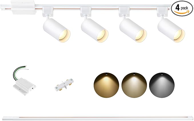 3-Color LED Track Lighting Kit with Floating Canopy Connector, 4-Light H Type Rail System with 3.3FT Rails, Dimmable GU10 Bulbs Included, Adjustable Ceiling Spotlights for Kitchen (4, White)