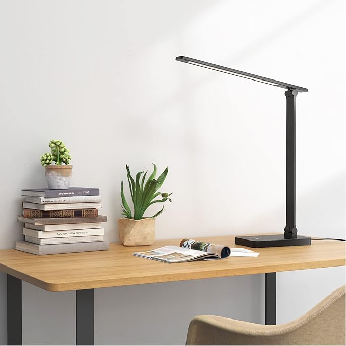 Lepro Desk Lamp with USB Charging Port for Home Office, 650LM 9.5W, Black | Dimmable Task Light, 5 Colors 5 Brightness, Eye Caring Table Lamp for Dorm Room, Sewing, Crafting, Reading, Nail, Drafts