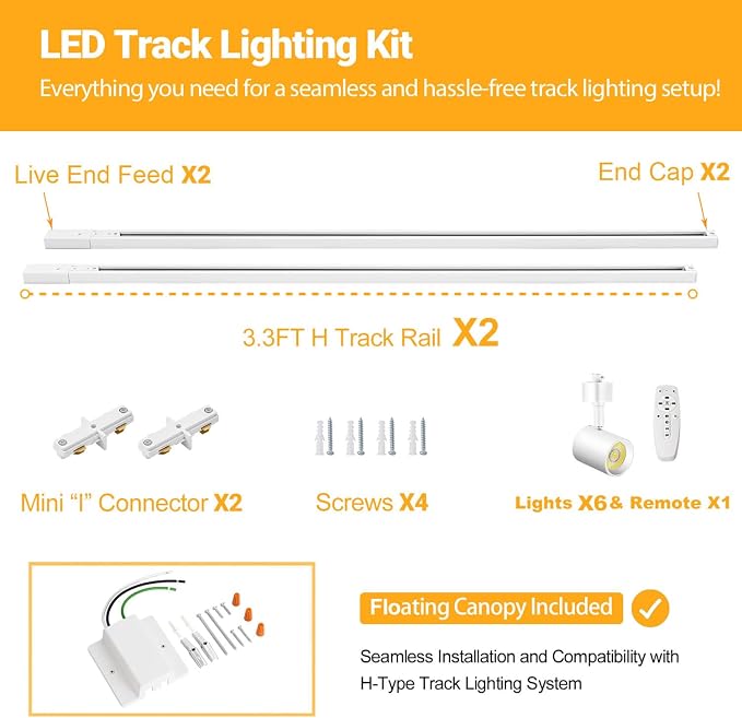 6 Lights Remote Control LED Track Lighting Kit Dimmable, 10W White | 6.6FT H Type Track Lighting Rails & Floating Canopy Connector, Modern Kitchen Ceiling Light Fixture , 2700K-6000K, 800lm
