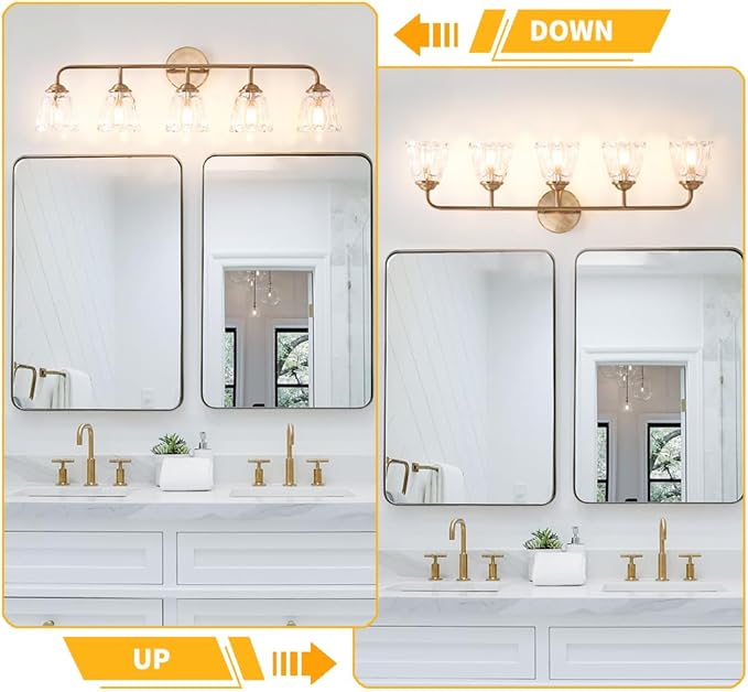 5-Light Vintage Vanity Light, Brushed Brass Vanity Lighting, Elegant Bathroom Lighting Fixtures Over Mirror, Bathroom Vanity Light with Clear Glass Shade, Gold Wall Sconce for Bedroom