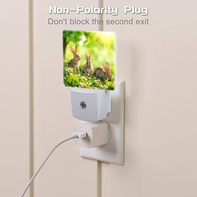 Easter Bunny in The Meadow Night Light Plug into Wall,Cute Rabbits and Spring Flowers Dusk to Dawn Night Light Plug in,0.5w Energy Saving Sleep Friendly Nightlight for Kids Boys Girls Home Decor