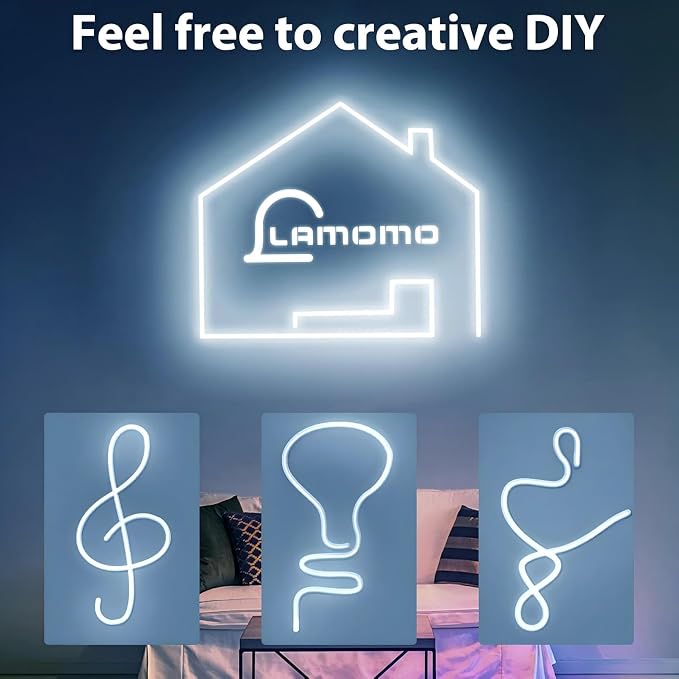 Lamomo White Led Strip Lights 32.8Ft, 2 Roll Neon Rope Strip 0.39In/Cut, 12V Flex Waterproof Silicone DIY Neon Sign for Kitchen Bedroom Commercial Decor, 6mm Width（Power Adapter not Included）