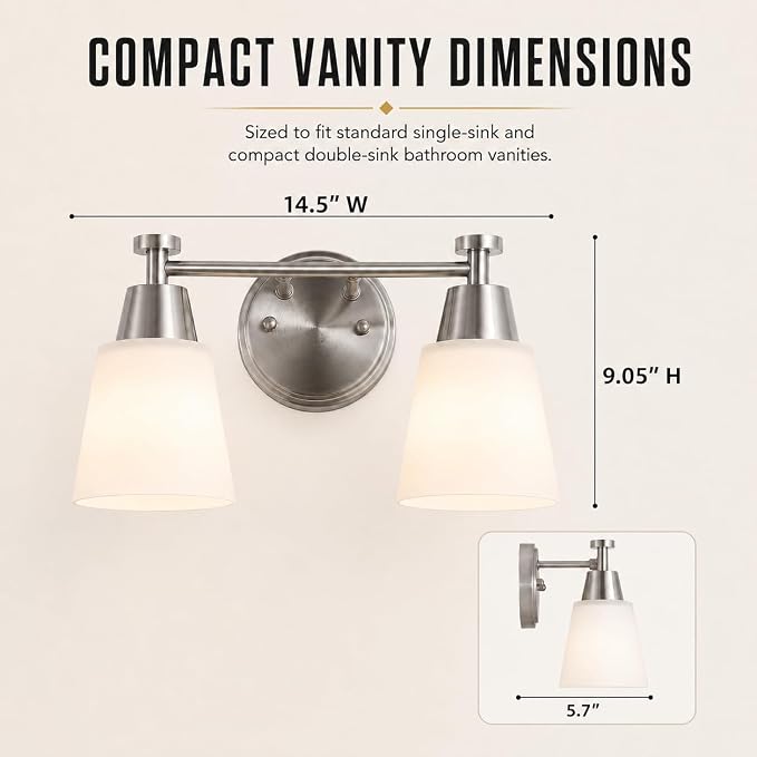 2-Light Bathroom Vanity Light, Brushed Nickel Finish with Milk Glass Shades, Over Mirror, for Bathroom Vanity
