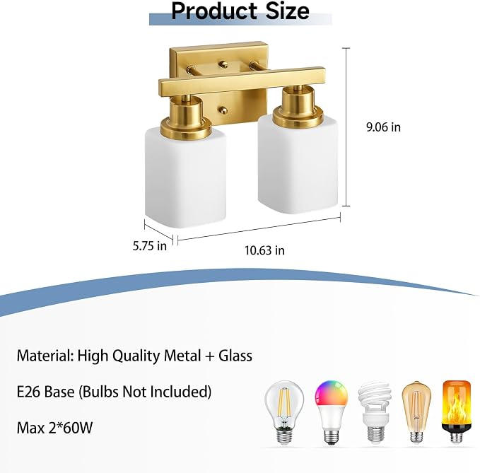 2 Light Gold Bathroom Light Fixtures,Brushed Gold Vanity Light with Clear Glass,Gold Bathroom Vanity Lights Over Mirror,Wall Sconces for Living Room,Bedroom,Hallway(E26 Base)