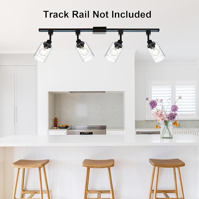 4 Pack H Track Lighting Replacement Heads Black Ceiling Track Lighting Fixtures with Seeded Glass, H Type Tracking Light Heads Multi-Directional Rotating Spotlight Kitchen Island Accent Lights