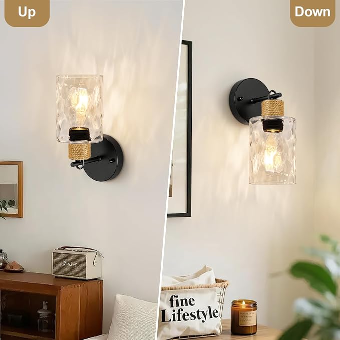 MOKATNG Set of 2 Wall Sconces for Bathroom, Coastal Modern Vanity Lights with Crystal Glass Shade, Black Bathroom Wall Lamp for Mirror Kitchen Living Room Hallway Cabinet Porch