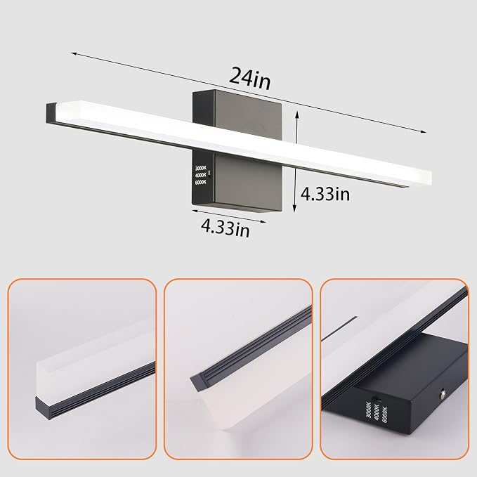 24 Inch LED Bathroom Vanity Light, 3-Color Selectable 3000K-6000K, IP44 Waterproof Wall Sconce for Makeup Mirror, Modern Black Vanity Lighting for Bathroom & Bedroom