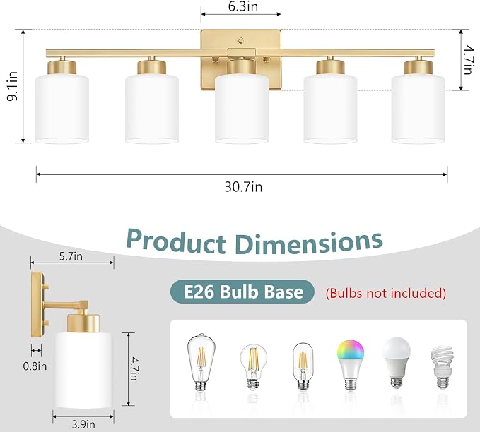 Gold Bathroom Light Fixtures Vanity Lighting Over Mirror | 5-Light Modern Wall Sconces with Milky White Frosted Glass Shades for Restroom (E26 Socket)