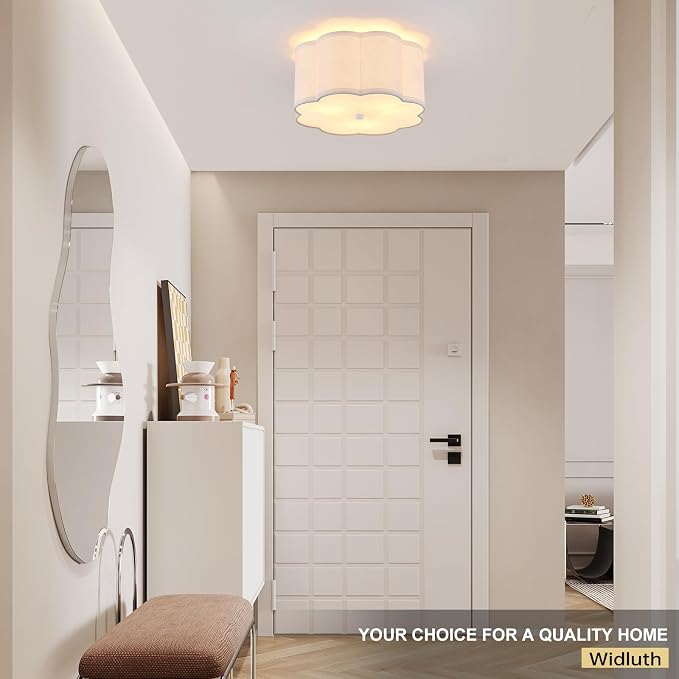 13" Modern White Semi Flush Mount Ceiling Light Fixture, 3-Light | White Linen Petal Shade, Modern Style For Bedroom, Hallway And Kitchen; Close-To-Ceiling, E26, Dimmable, Easy Install