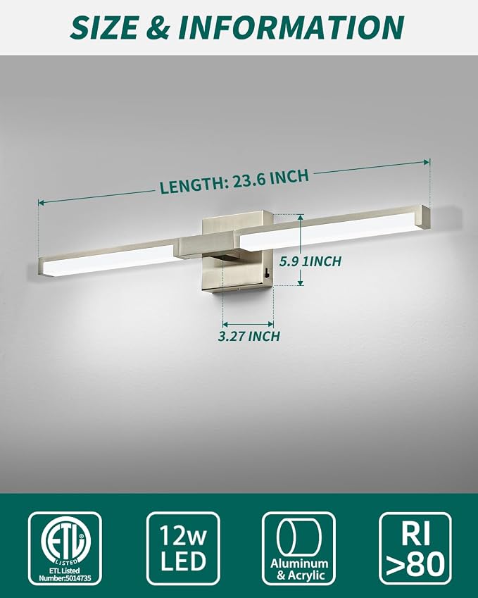 Modern Bathroom Light Fixtures Over Mirror, 24 Inch Brushed Nickel Vanity Light Bar for Bathroom, 12W 5CCT Diammable Wall Light