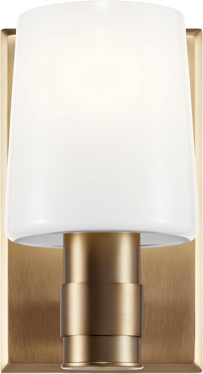 Kichler Adani 1-Light Bathroom Wall Light, Champagne Bronze | Modern wall light with opal glass for baths, hallways and bedrooms (8.5" x 6.5" x 5"), 55174CPZ
