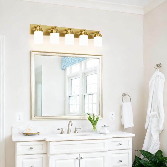 IZORRO Bathroom Vanity Light Fixture, 5-Light 36 Inch Gold Bathroom Light Fixtures Over Mirror, with White Glass Shade, Modern Farmhouse Vanity Lights, Rustic Restroom Lighting Fixtures