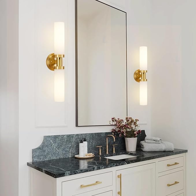 Gold Bathroom Light Fixtures Modern Vanity Lights W/White Glass Shade, 2-Light Sconces Wall Lighting for Mirror Kitchen Bedroom Hallway, Brushed Brass Gold Wall Decor Wall Mount Lamp