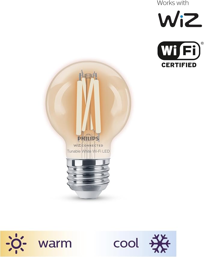 Philips Smart Vintage G16.5 40W Tunable White Filament LED Smart Bulb 4 Pack - E26 Indoor -Connect to Your Wi-Fi - Control with Voice or App - Powered by WiZ Connected