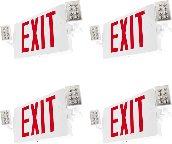 LFI Lights® Thin COMBO UL 924 Listed, Red LED, Exit Sign with Emergency Lights, White, 120-277VAC Hardwired with Battery Backup, Optional Double Face and Knock Out Arrows COMBOTRWBB (4)
