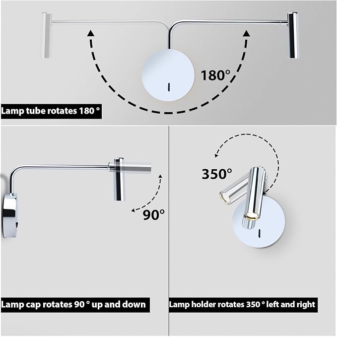 ZEROUNO Wall Mounted Lamp, Hardwired LED Wall Sconce with Switch on/Off Modern 3000K Swing Arm Bedside Indoor Wall Mount Lamp (Chrome)