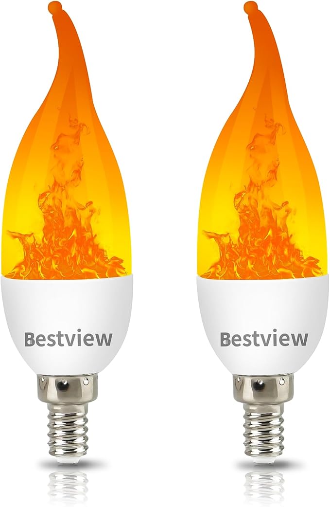Bestview LED Flame Effect Light Bulbs,3 Modes Flickering Light Bulbs, Smart E12 Chandelier Base Candle Fire Light Bulb for Halloween, Christmas,Party, Porch, Indoor&Outdoor Home Decoration -2 Pack