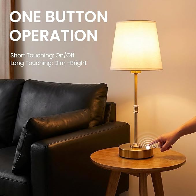 Gold Portable Cordless Table Lamp, Rechargeable Bedside Lamp, Tall | 3000mAh battery, touch stepless dimming, 2700K warm light, fabric shade and USB-C charging for bedroom, nightstand and desk.
