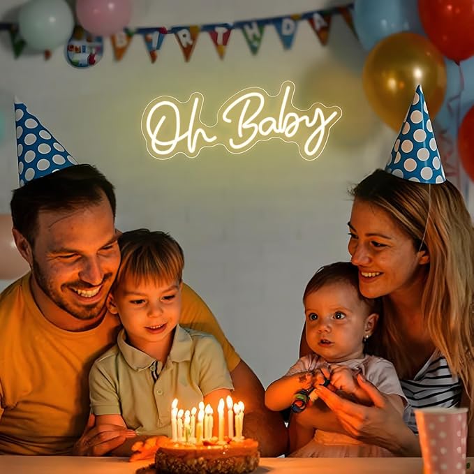 Oh Baby Neon Sign for Backdrop Wall Decor, Boy and Girl Baby Shower Decorations Led Light up Sign Compact 16.5x6.7 inch for Party Decor, Warm White