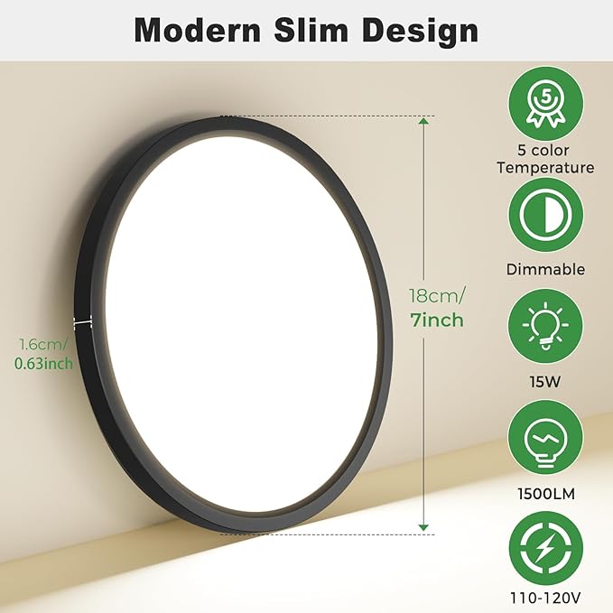 zemty 2Pack LED Flush Mount Ceiling Light, 7Inch 15W Dimmable Ceiling Lights Fixture, 5 Color Temperatures (3000K-6500K) Black Round Ceiling Lamp for Bedroom, Kitchen, Hallway,Bathroom