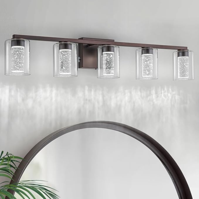 SineRise 5-Light Bronze Vanity Light with 3 Color Modes (3000K/4000K/6000K), Eye Protection LED Bathroom Light Fixture, Dimmable Modern Wall Light Over Mirror with Clear Glass Shade