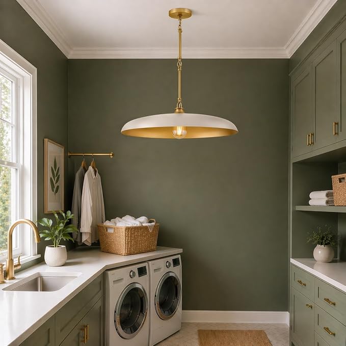 Hinkley Sadie 24" Large Dome Chandelier, Light Taupe with Lacquered Brass | Two Tone Saucer Pendant, Includes (5) 7" Downrods, Needs a Med. LED Bulb, Adjustable Height, Dining Room, Kitchen