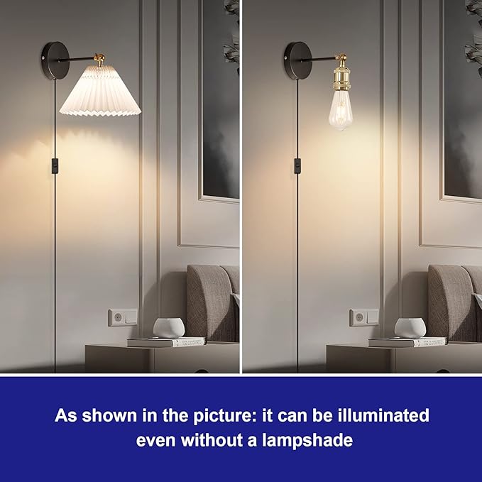 Wall Sconce Plug in, white Plug in Wall Light Set of 2 Fixtures,Wall Lamp with Plug in Cord and On/Off Switch,, Adjustable Industrial Vintage E26 Wall Sconce， for Reading Bedroom Hallway Living Room
