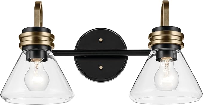 Kichler Farum 2-Light Bathroom Vanity Light, Black | Modern vanity light with clear glass for bathroom mirrors and powder rooms (19.25" x 9.5"), 55154BKCLR