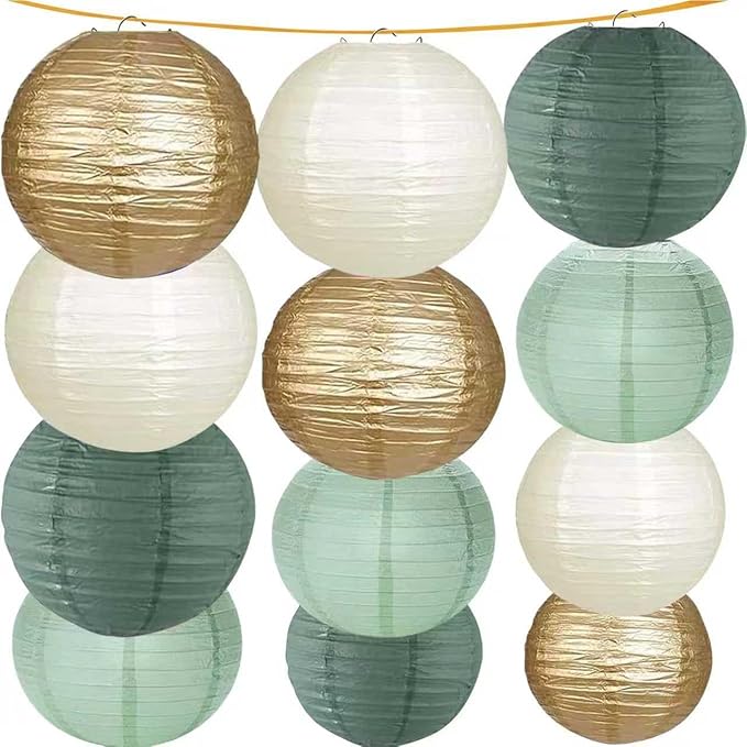 Green White Gold Paper Lanterns, 12Pcs Chiese Lanterns for Birthday Baby Shower Gender Reveal Wedding Party Decoration
