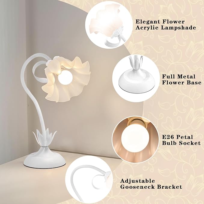 Flower Table Lamp, LED Reading Light Vintage Bedside Table Lamp with 3 Color Modes for Nightstand, Kawaii Decoration for Home Bedroom Living Room (White)