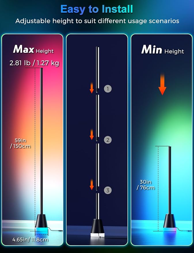 RGBICW Corner Floor Lamp, Modern LED Ambient Lighting, Jet Black | 16 Million Colors, Music Sync Lighting, 1800LM Brightness, with Smart APP/Remote Control, for Living Room Bedroom Gaming Room