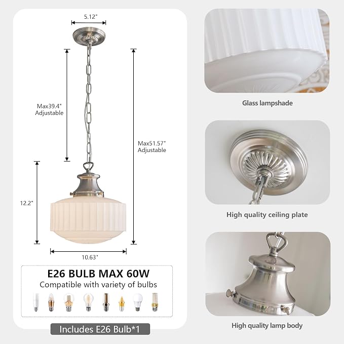 Vintage Milk Glass Pendant Light Fixtures, 10.63" Milk Glass Chandelier, Brushed Nickel Pendant Lights Kitchen Island, Milk Glass Pendant Light for Kitchen Island Lighting, Dining Room & Entryway