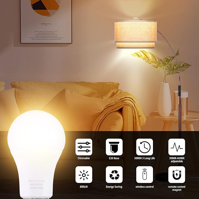 A19 LED Light Bulbs with Remote Control, 800LM 9W (60W Equivalent) Bulbs,Stepless Dimmable 3000K-6000K,E26 Base,CRI 80+,2.4GHz,25000+ Hours Lifespan,Light Bulb for Home Decor,2Bulb & 1Remote