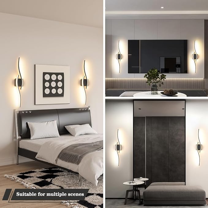 Daunton Modern Hardwired Wall Sconce Set of 2, LED Black Wall Light with Remote Control, RC Dimmable LED Wall Light Indoor, Wall Decor for Hallway Bedroom Living Room TV Wall, 27.5 in, Timer, Memory