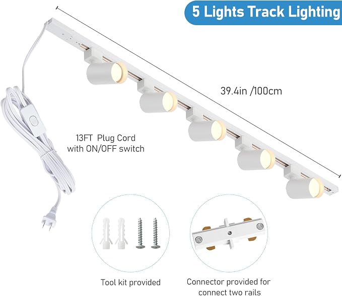 Plug in Track Lighting with Power Cord, 5-Light LED Track Lighting Kit with 39in Rail, Modern Kitchen GU10 Track Lighting Fixtures Plug in Ceiling Light with 13FT Plug Cord, White (No Bulbs)